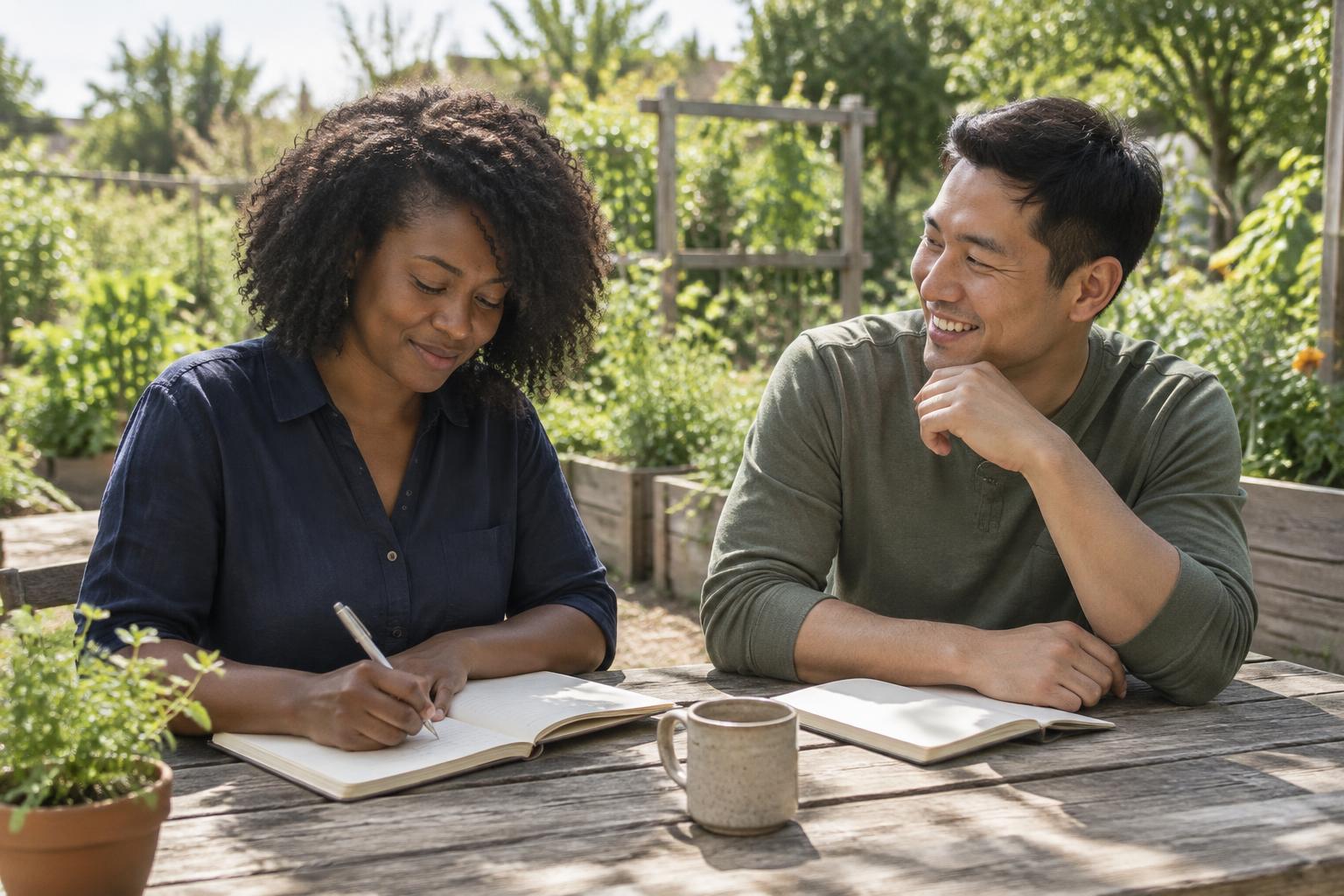 Two friends sharing a thoughtful moment with their journals in a sunny garden